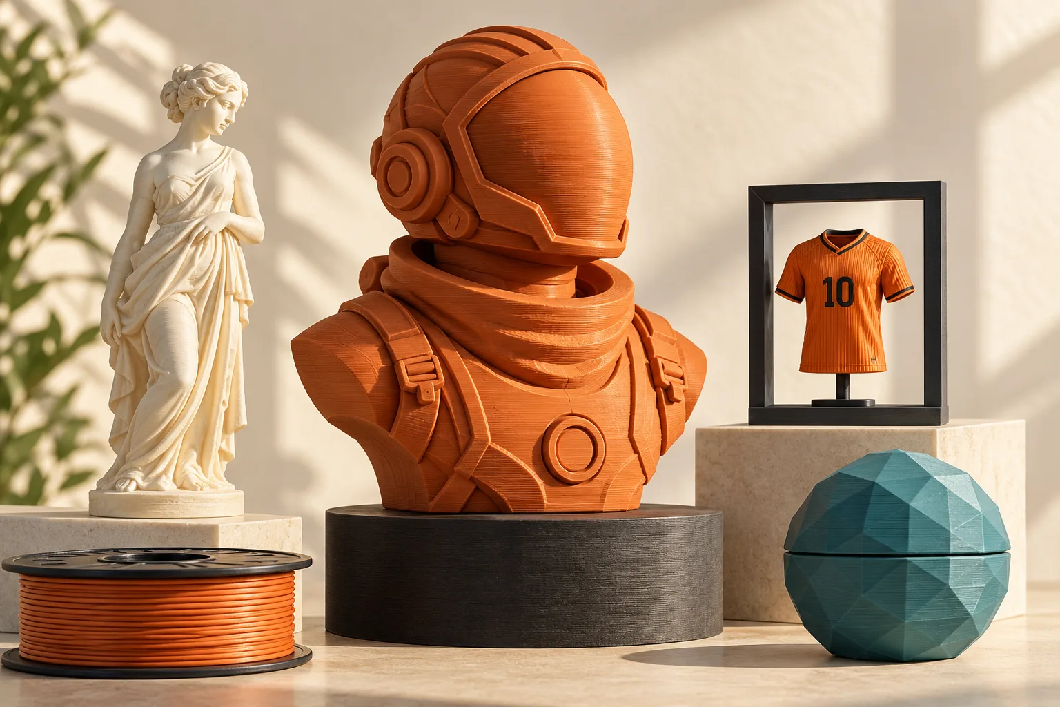 Ilustración conceptual de figuras, camiseta enmarcada y esfera impresas en 3D